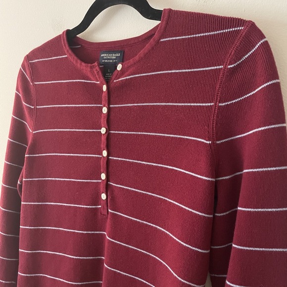 AEO Y2K Thermal Henley Shirt Striped Maroon Size L Stretch Layer Academia Preppy - Picture 5 of 7